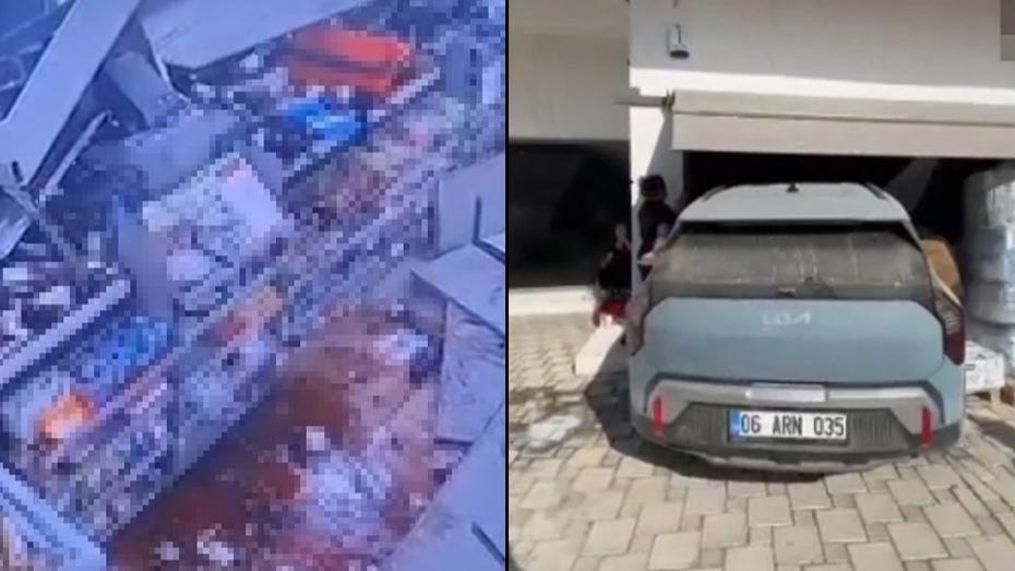 Otomobil markete daldı, vatandaşlar ölümden döndü. Olay anı kamerada